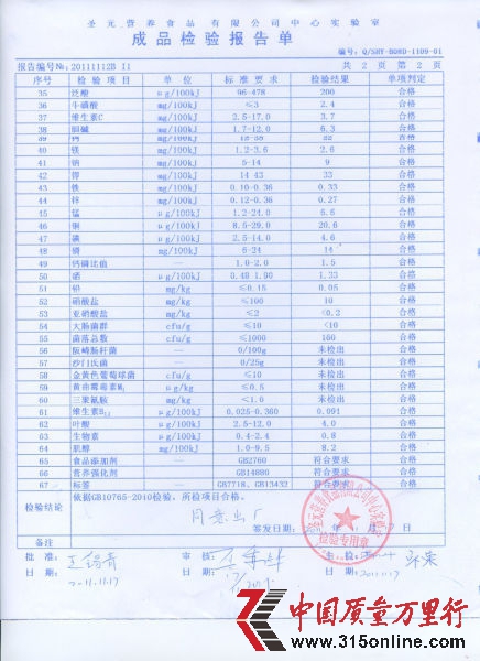 圣元官網公布的成品檢驗報告單。(2)