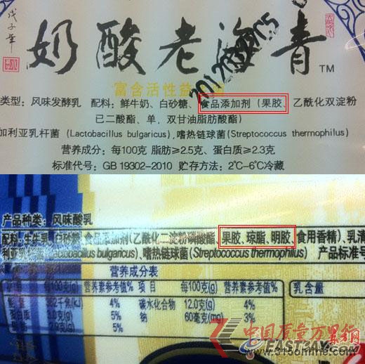 圖為部分市售老酸奶的配方表中均標明含有明膠、果膠等增稠劑。